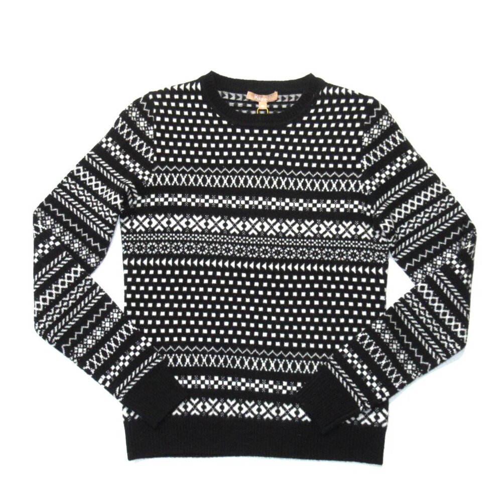 NWT Kier + J Fair Isle Cashmere Crewneck in Black Ivory Pullover Sweater XS